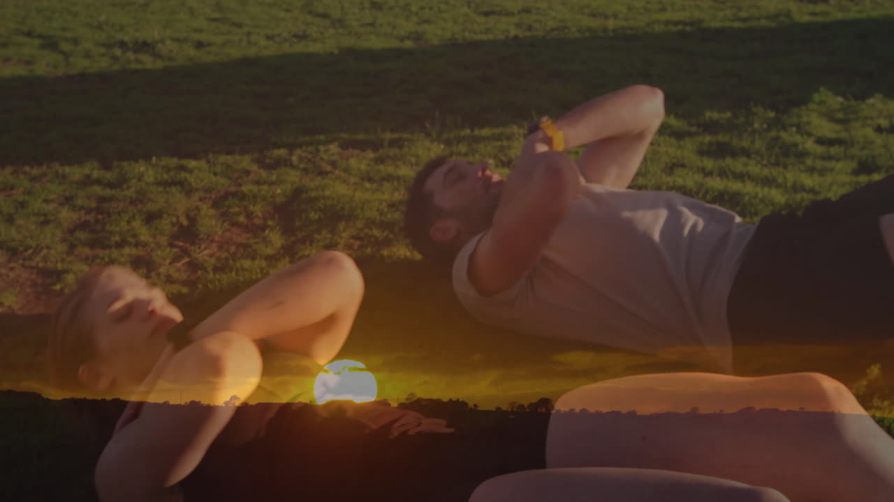 Exercising outdoors, people with sunset animation creating serene atmosphere