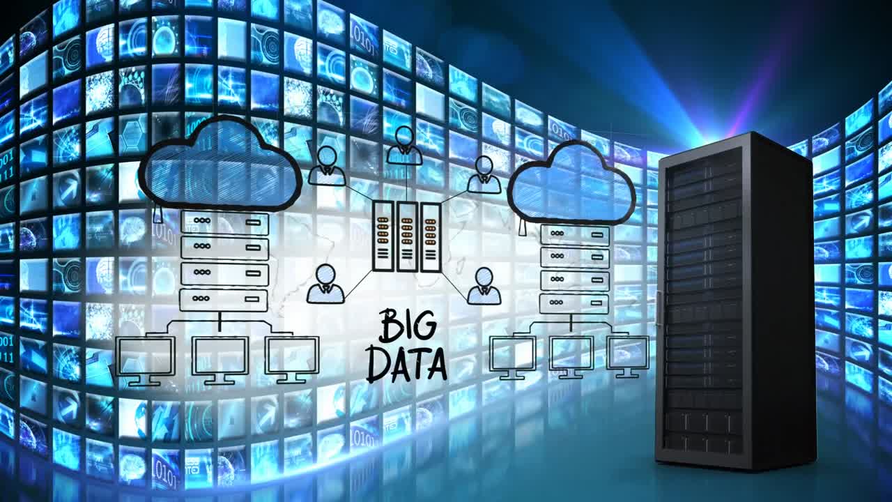 servidor de datos real contra el dibujo de un servidor de datos rodeado de nubes