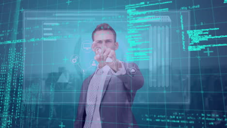 animación de un hombre de negocios con pantalla táctil con procesamiento de datos sobre el paisaje urbano en el fondo