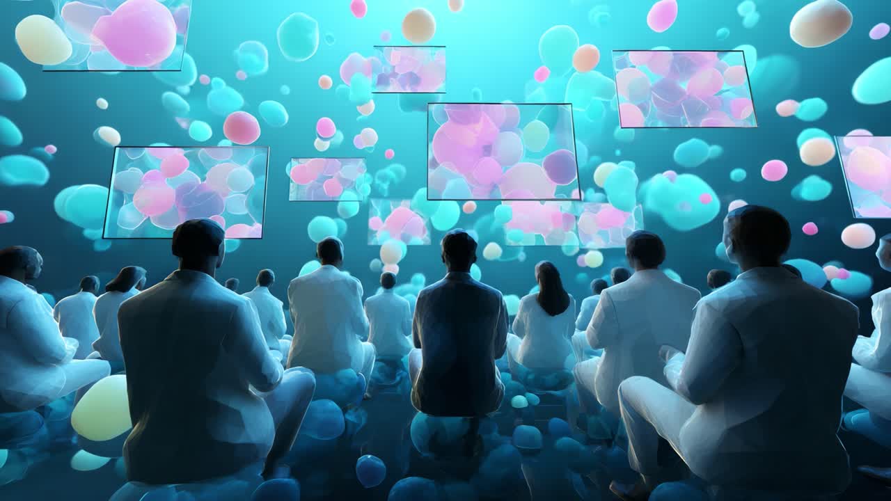 Mesmerizing Visual Experience: A Captivating Audience Engaged in a Dynamic Display of Colorful Bubbles and Interactive Screens, Creating an Atmosphere of Innovation and Inspiration