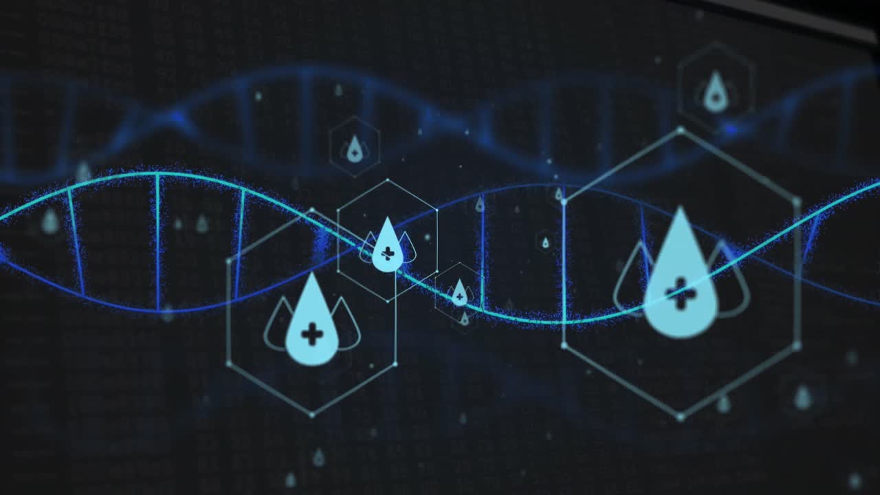 Animazione di icone, filamento di DNA su elaborazione dati