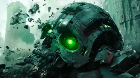 a large robot head with green eyes in the middle of a ruined city