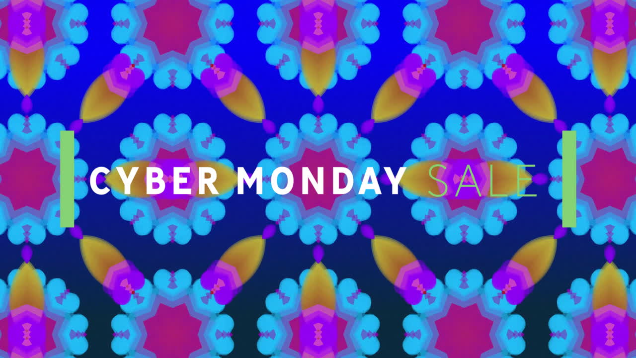 Animation of cyber monday sale text over blue, orange and pink kaleidoscopic pattern