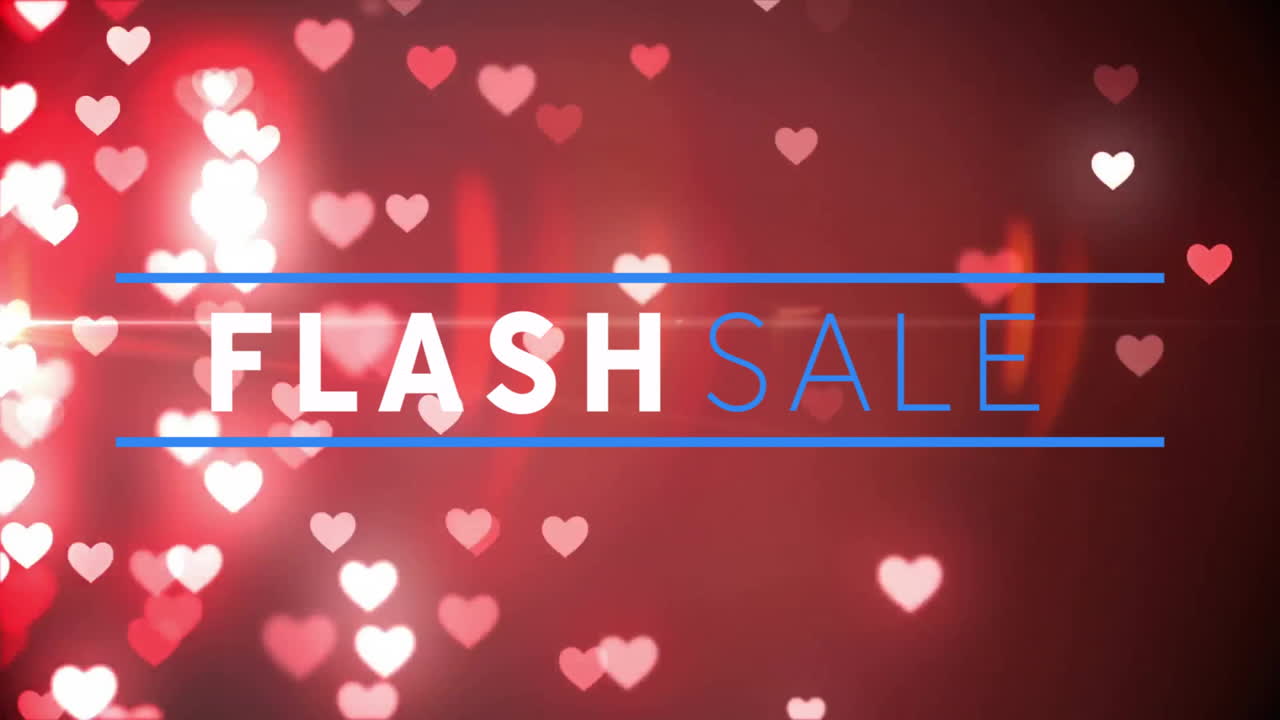 Featuring centered FLASH SALE text framed by blue lines with floating heart bokeh lights