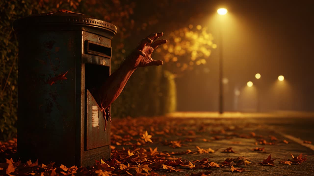 A haunting scene unfolds as a mysterious hand emerges from an old mailbox, illuminated by the eerie glow of streetlights amidst a backdrop of fallen autumn leaves
