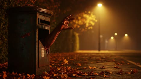 a haunting scene unfolds as a mysterious hand emerges from an old mailbox, illuminated by the eerie glow of streetlights amidst a backdrop of fallen autumn leaves