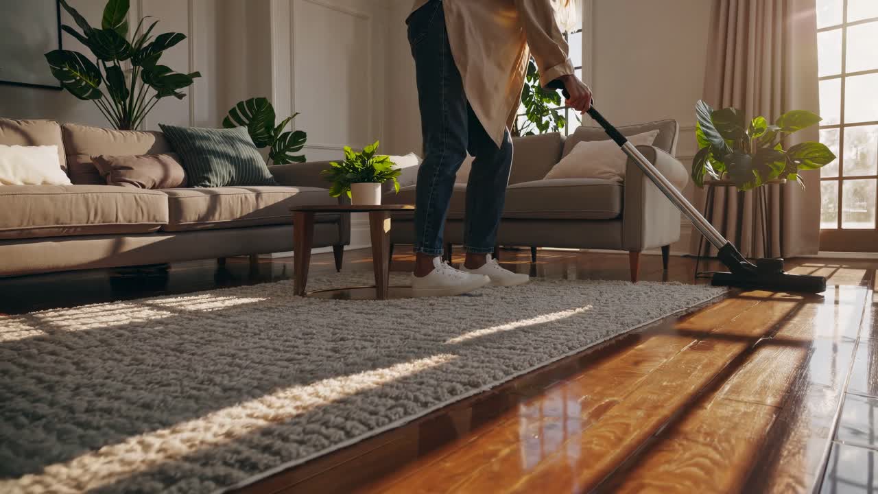 Videobild från låg vinkel av en person som dammsuger ett soligt vardagsrum, som framhäver modern inredning