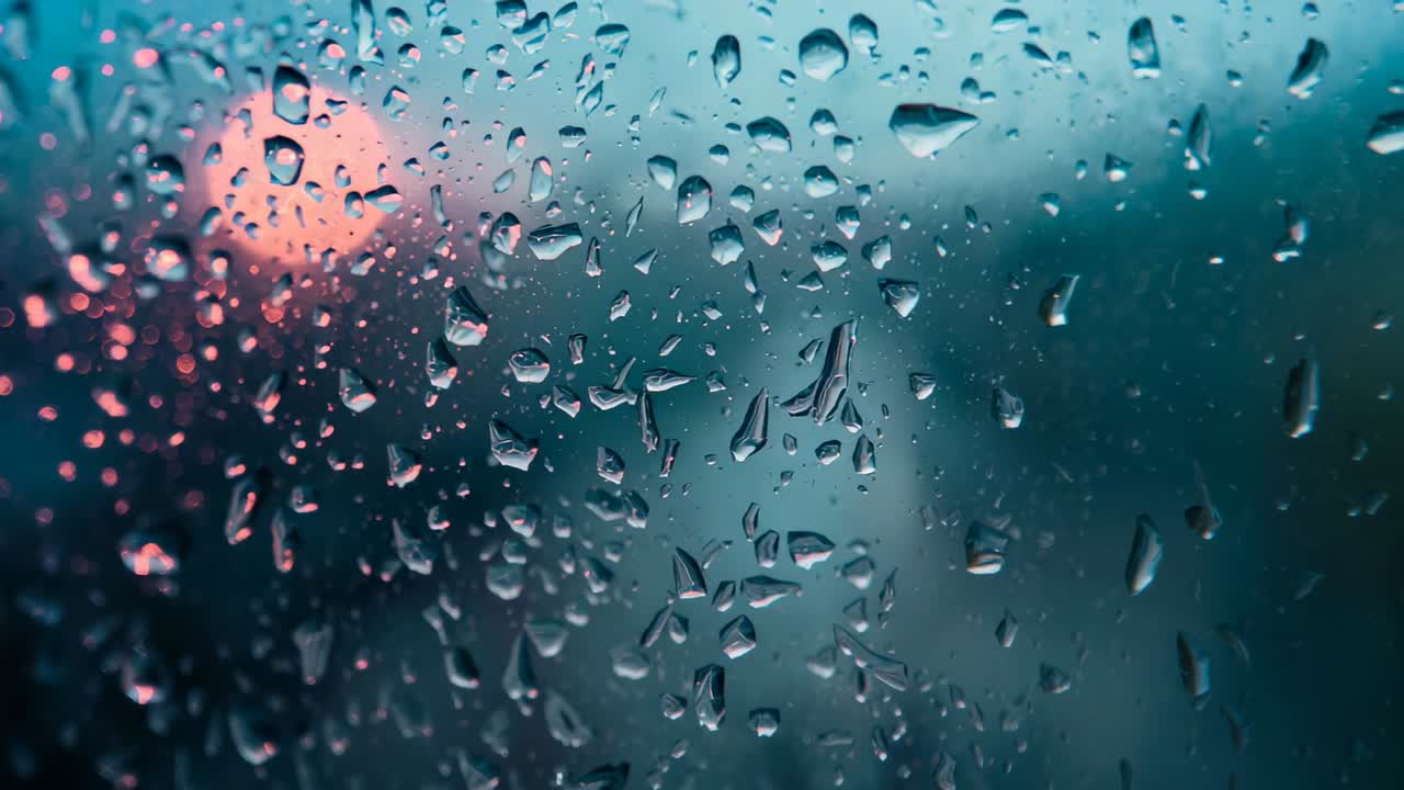 Growing water droplets on glass pane merging into streaks by gravity at dusk, with blurred lights