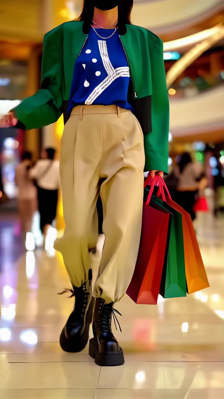 A woman wearing a green jacket and a blue shirt is walking down a mall aisle with shopping bags