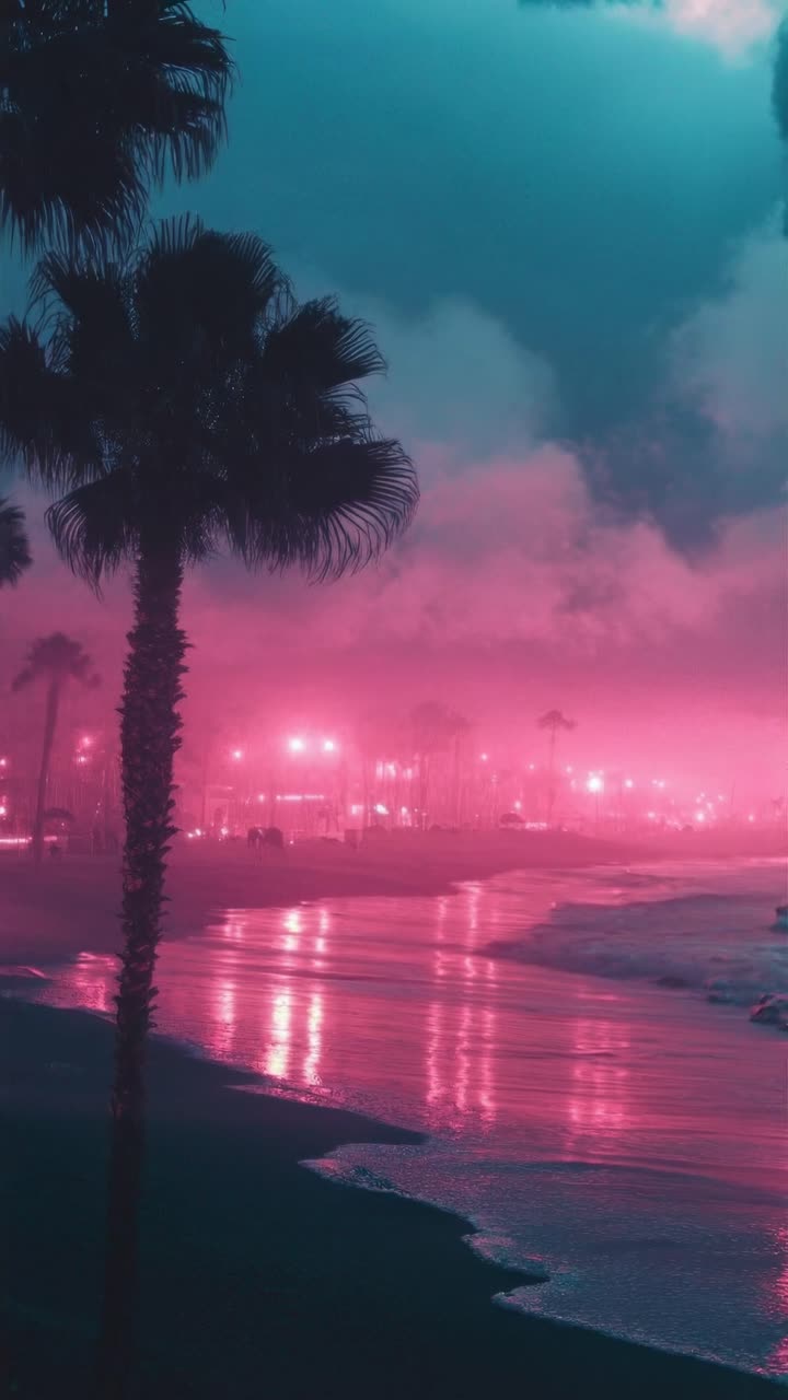 Concept di video estetico con una ripresa dal basso di una spiaggia illuminata al neon al crepuscolo, con silhouette