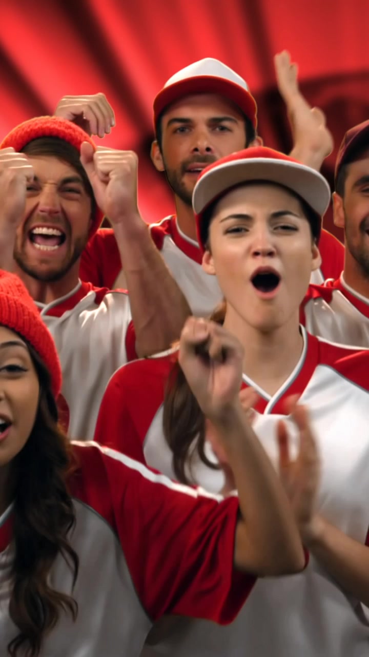 Animación de un grupo diverso de aficionados al deporte animando sobre estelas rojas brillantes de fondo.