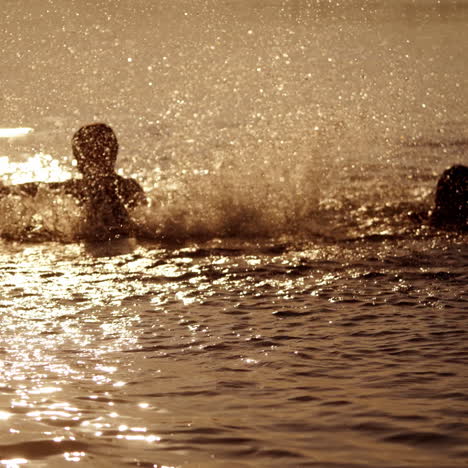 little kids are playing in water and making splash; children are swimming in lake or river and having fun with drops; two brothers rollick at sunset. monochrome video. side view.