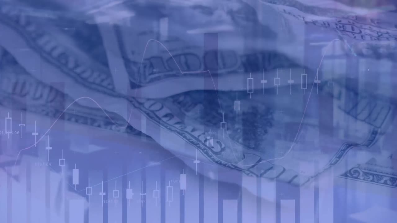 Animation of financial data processing over american dollar bills