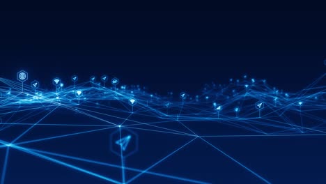 motion graphic of blue futuristic technology icon and line linked network connection abstract background concept camera zoom seamless loop video