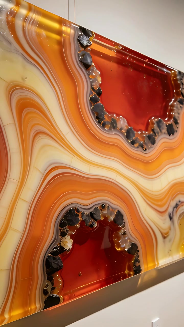 Vidéo verticale : Une caméra inclinant et balayant vers le haut, révélant un panneau d'agate dans une galerie avec des cavités de géode.
