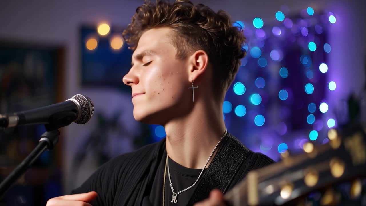 Young Man Playing Acoustic Guitar and Singing with Closed Eyes