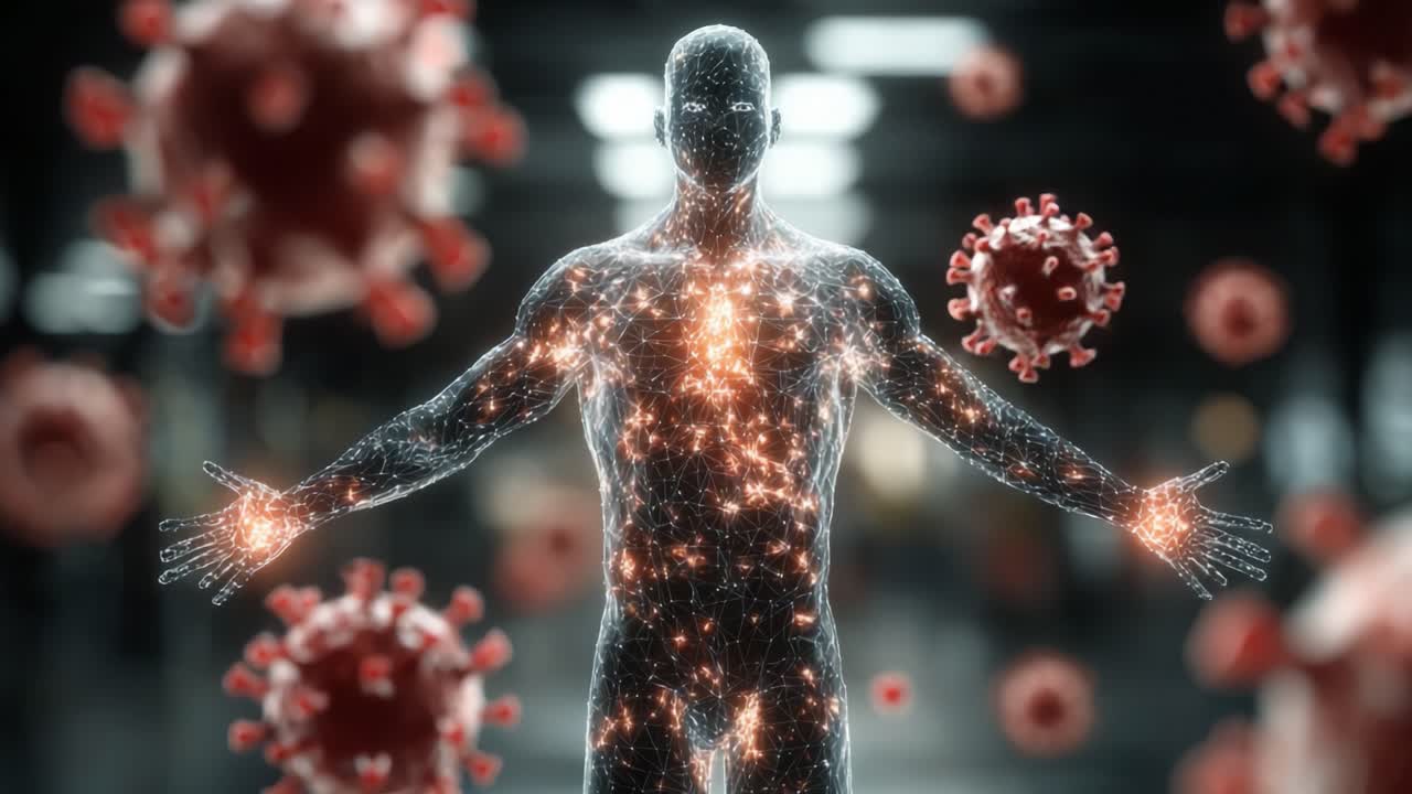 En lysende humanoid figur omgivet af svævende partikler, der repræsenterer vira, illustrerer den komplekse interaktion mellem menneskekroppen og mikroskopiske patogener.