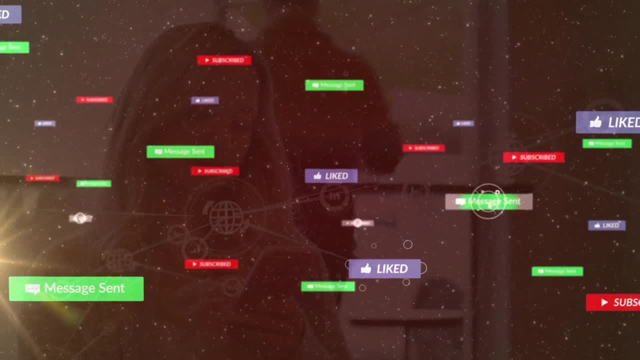 스마트 폰을 사용하는 백인 여성에 대한 아이콘과의 연결 네트워크의 애니메이션