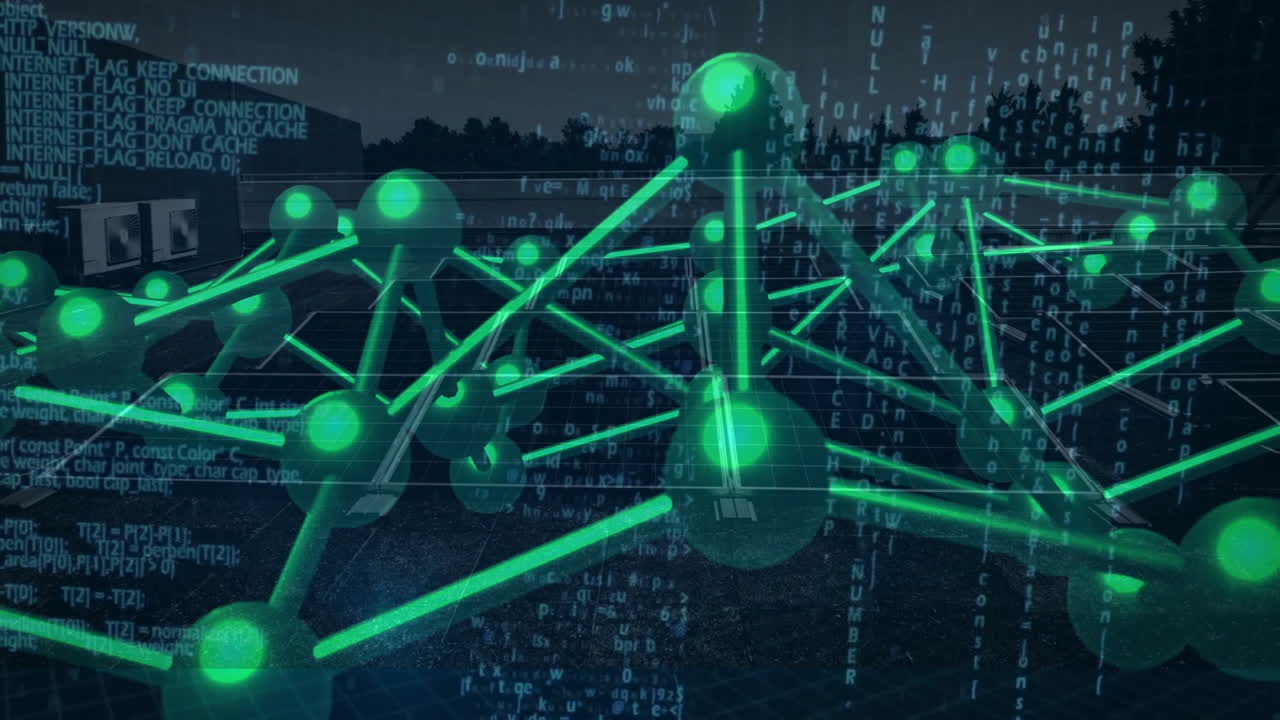 Neon green network being rendered in 3D grid, with code streams overlaying mesh