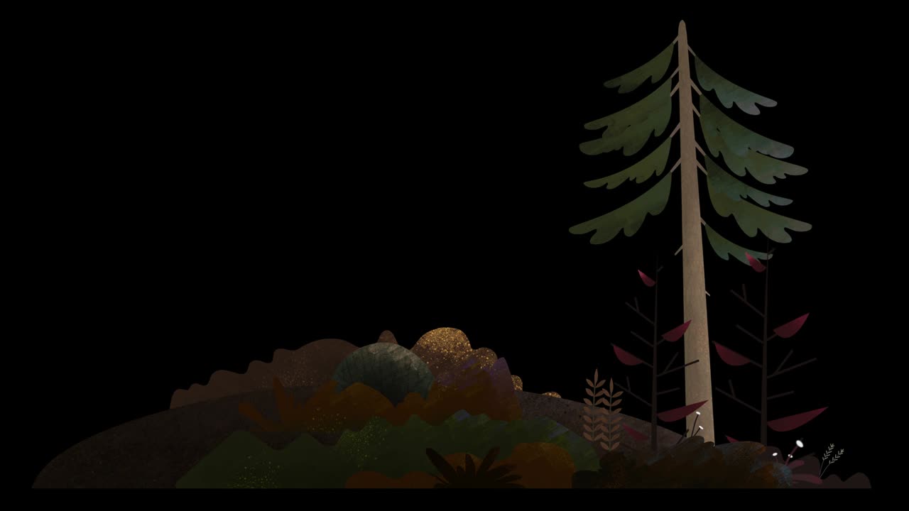 이없는 루프: 소나무, 덤불, 꽃, 잔디가 바람에 흔들리는 언덕에, 가을 오렌지색과 갈색.