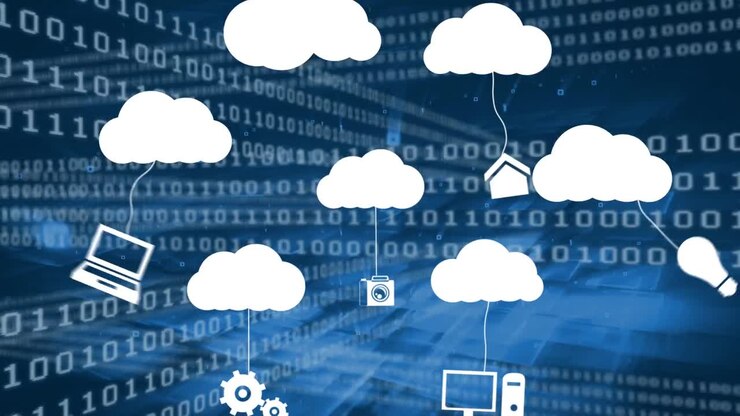 Animation of cloud icons and data processing over dark background