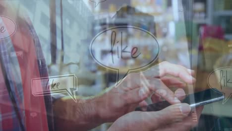 animation of man using smartphone over cityscape