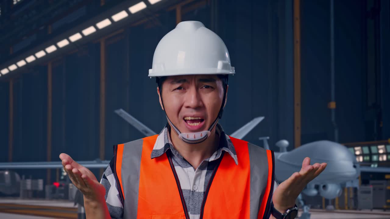 安全ヘルメットを着用し、疑わしげに仕事の理由を問いかけるアジア系の男性エンジニアのクローズアップ。工業用照明が照らす整備格納庫内の現代の軍用ドローン。