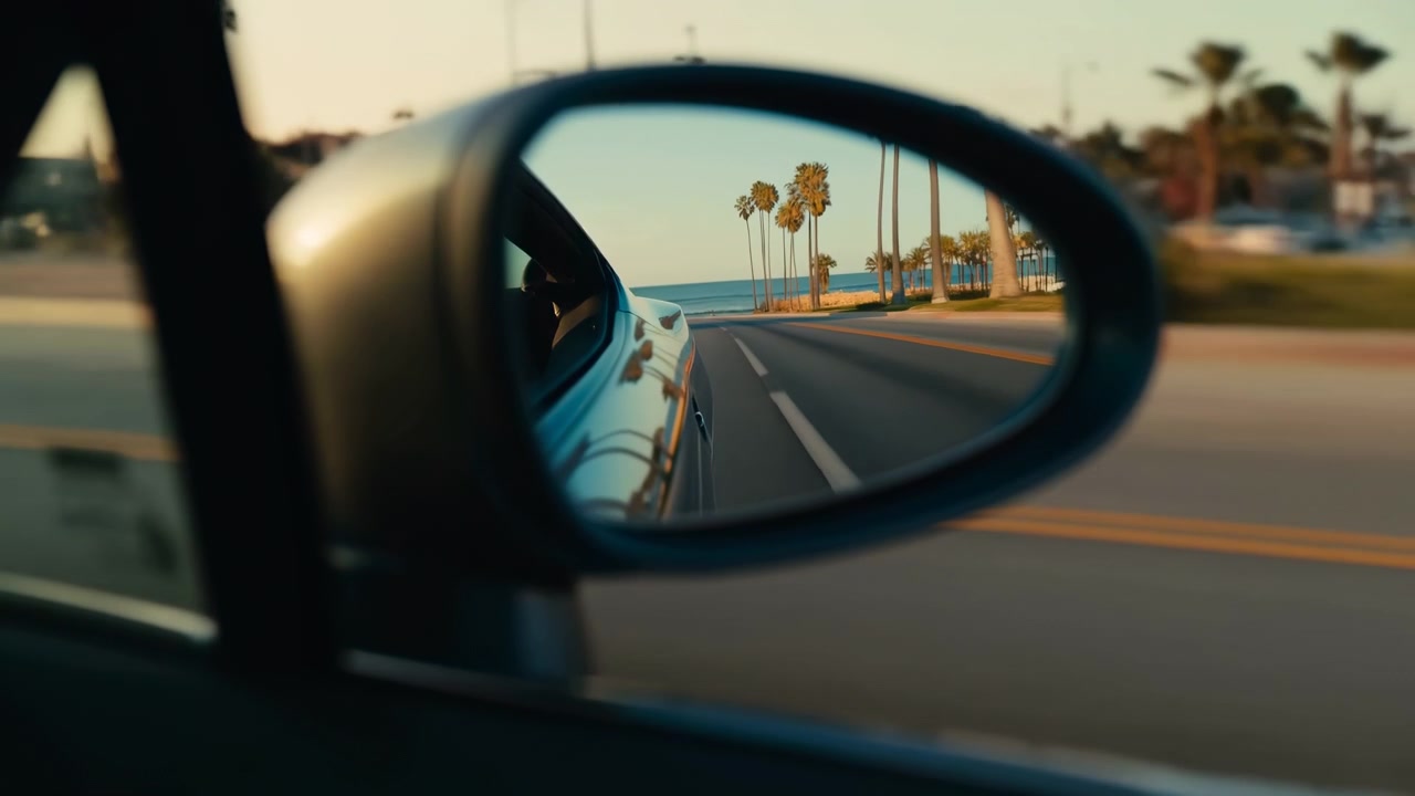 Nærbillede af et køretøjs sidespejl viser vejbanen, der forsvinder langs havet og høje palmer, mens bilen kører fremad, indrammet af varmt lys, klar himmel, vejstriber og blankt karrosseri.