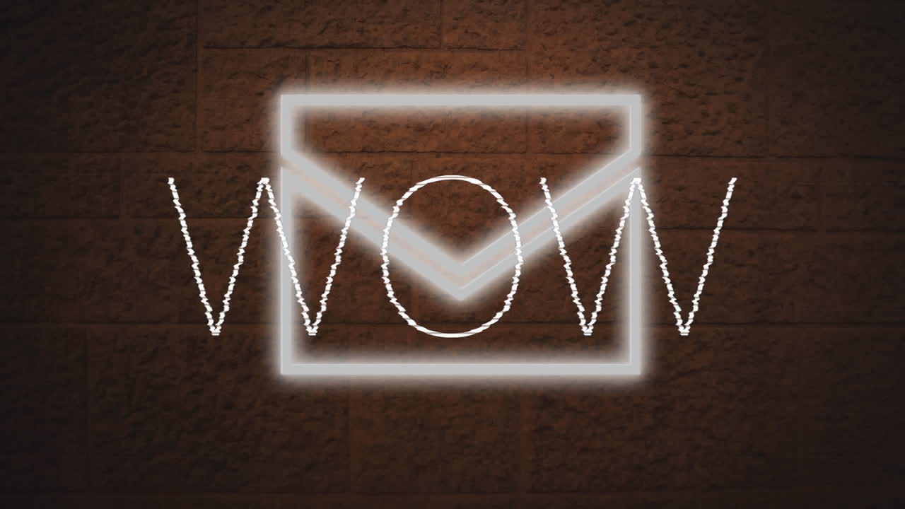 Animazione digitale del testo "wow" sopra un'icona di messaggio al neon, su sfondo di un muro di mattoni.