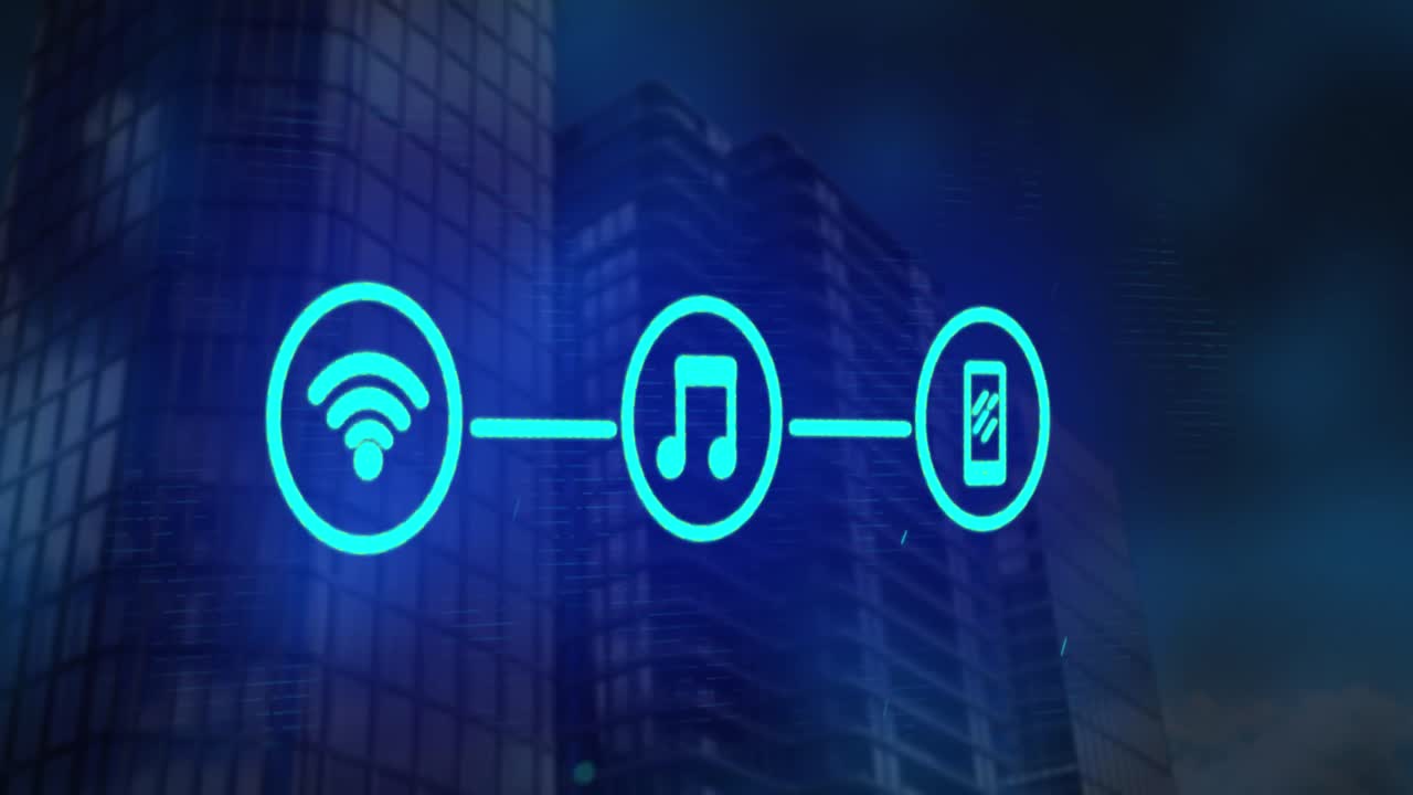 Tre icone digitali con interfaccia computerizzata su uno sfondo blu luminoso