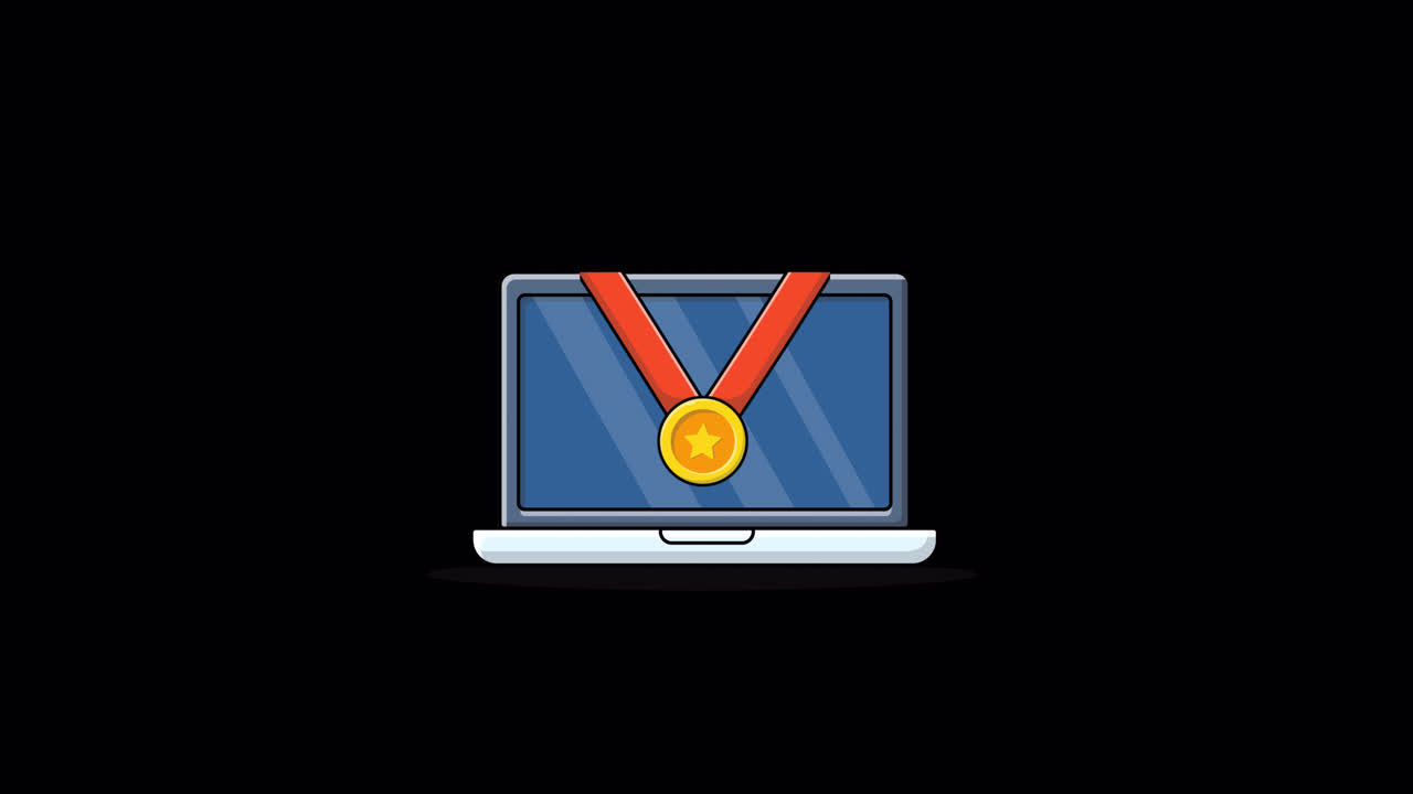 Animated Laptop with Gold Medal Award on Black Background