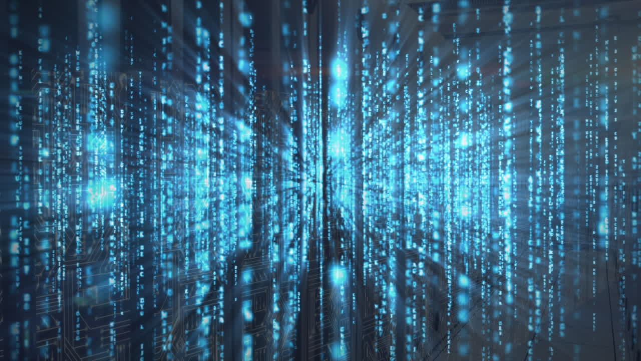 Animation of data processing and blue lights on navy background