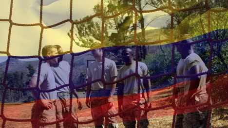 animation of flag of columbia over diverse male soldiers during training