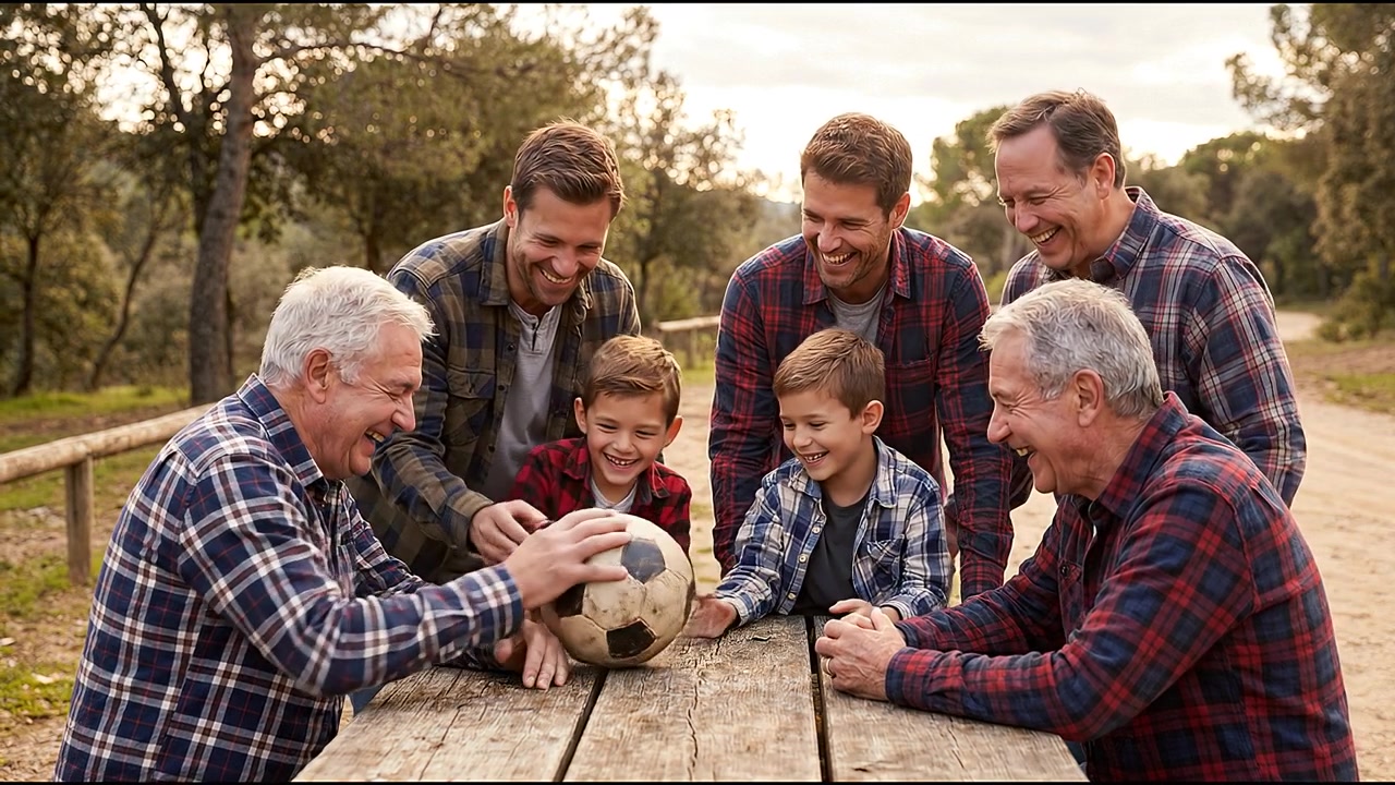 Happy family gathered around picnic table outdoors while children hold soccer ball during countryside weekend