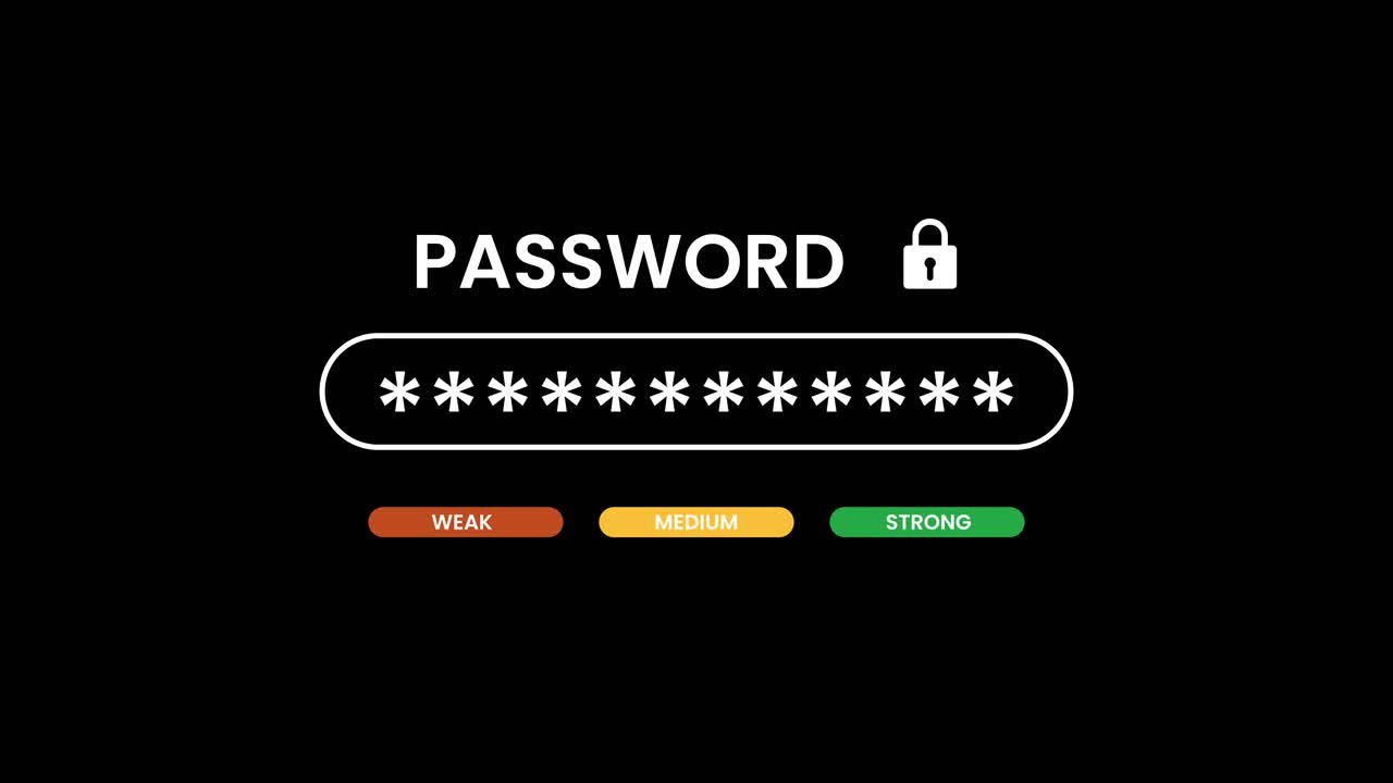 Password typing with weak medium and strong strength indicator animation isolated on black background