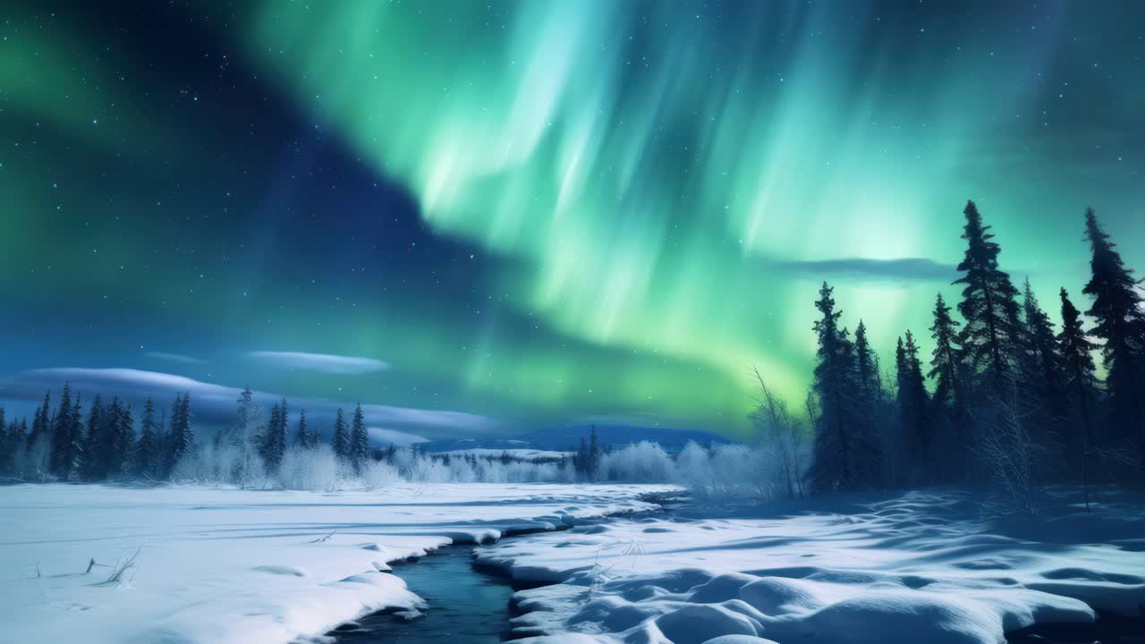 A breathtaking wide-angle shot of the Northern Lights over a snowy forest and river