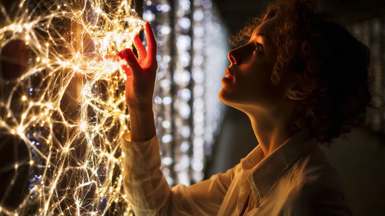 A close-up of a person interacting with a wall of shimmering lights, showcasing a blend of curiosity and wonder as their hand reaches out to touch the glowing illumination