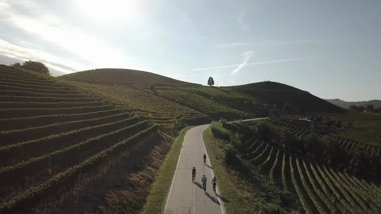 Vista drone di ciclismo attraverso i vigneti del Piemonte.