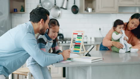 Family-in-kitchen,-homework