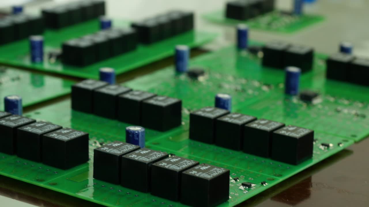 여러 인쇄 회로 보드 (pcb) 와 릴레이 및 구성 요소의 클로즈업 뷰