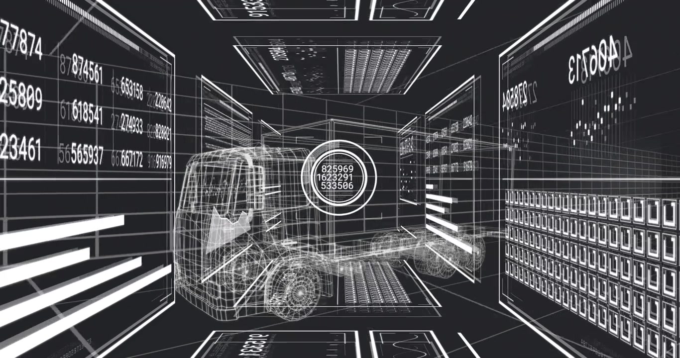 In school, animation of futuristic wireframe truck with digital data and numbers