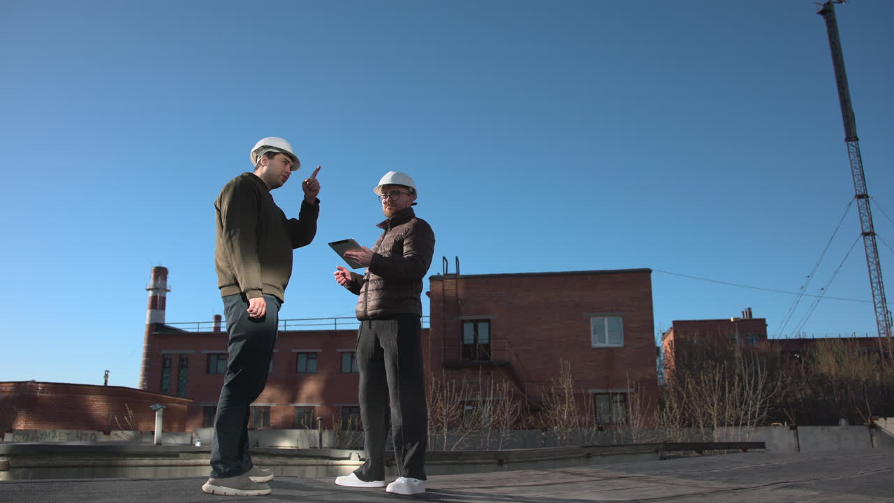 Two Construction Workers On Rooftop Reviewing Blueprint, Inspecting Plans And Discussing Safety