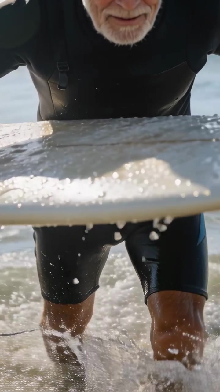 Pystyvideo: Juokseva iäkäs mies kantaa surffilautaa rannalla surffauksen jälkeen, yllään lyhyt märkäpuku ja laudan hihna.