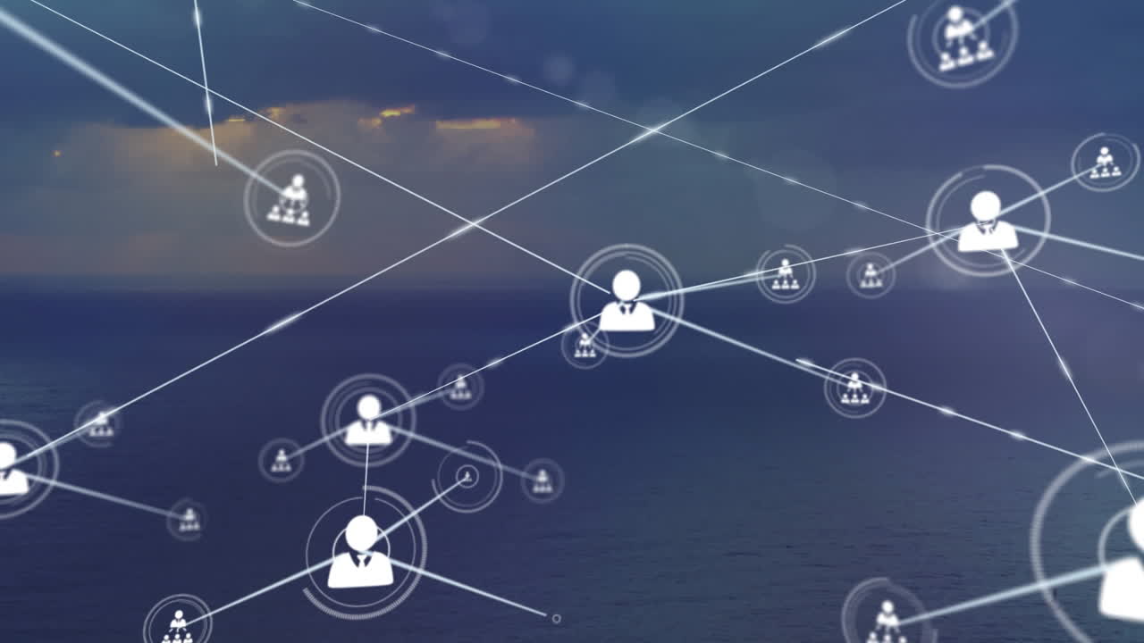 Animation of network of profile icons against aerial view of landscape with ocean and sun in the sky