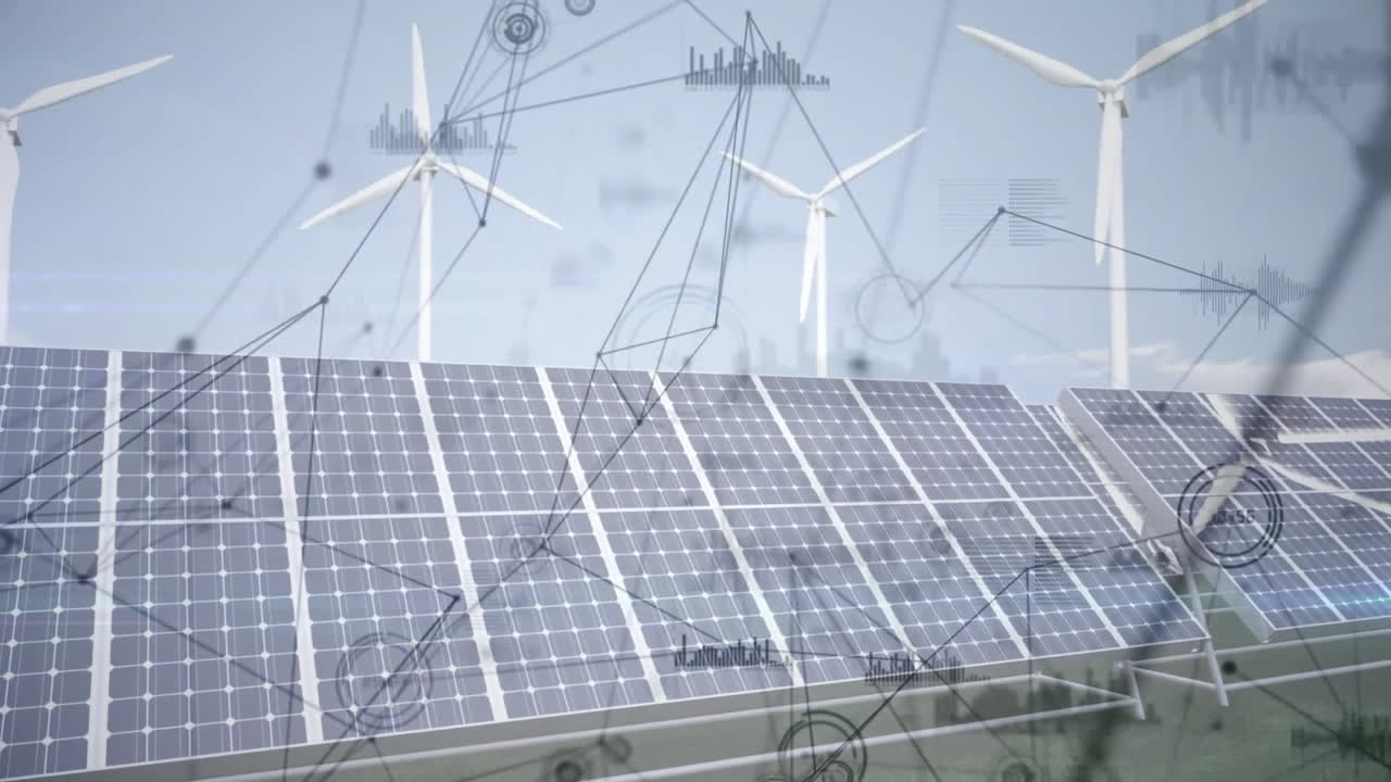 Solar panels and wind turbines with data processing animation overlaid