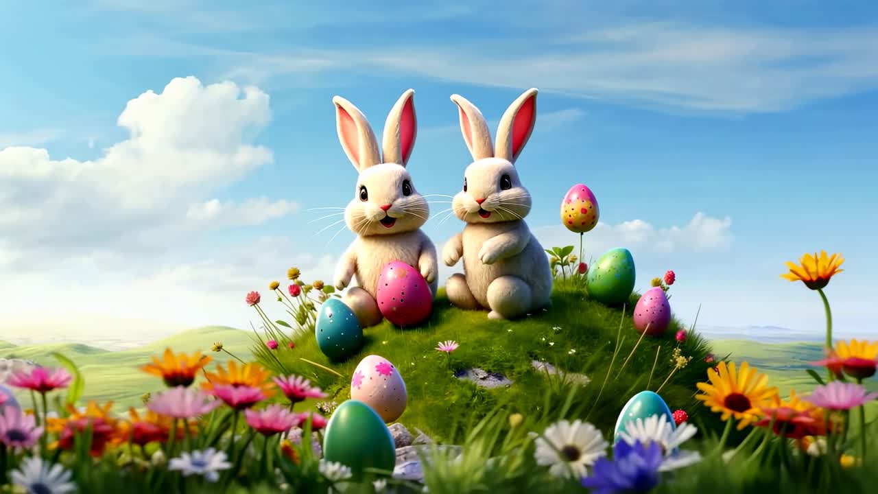 Whimsical video scene of two cartoon bunnies on a grassy hill with colorful eggs