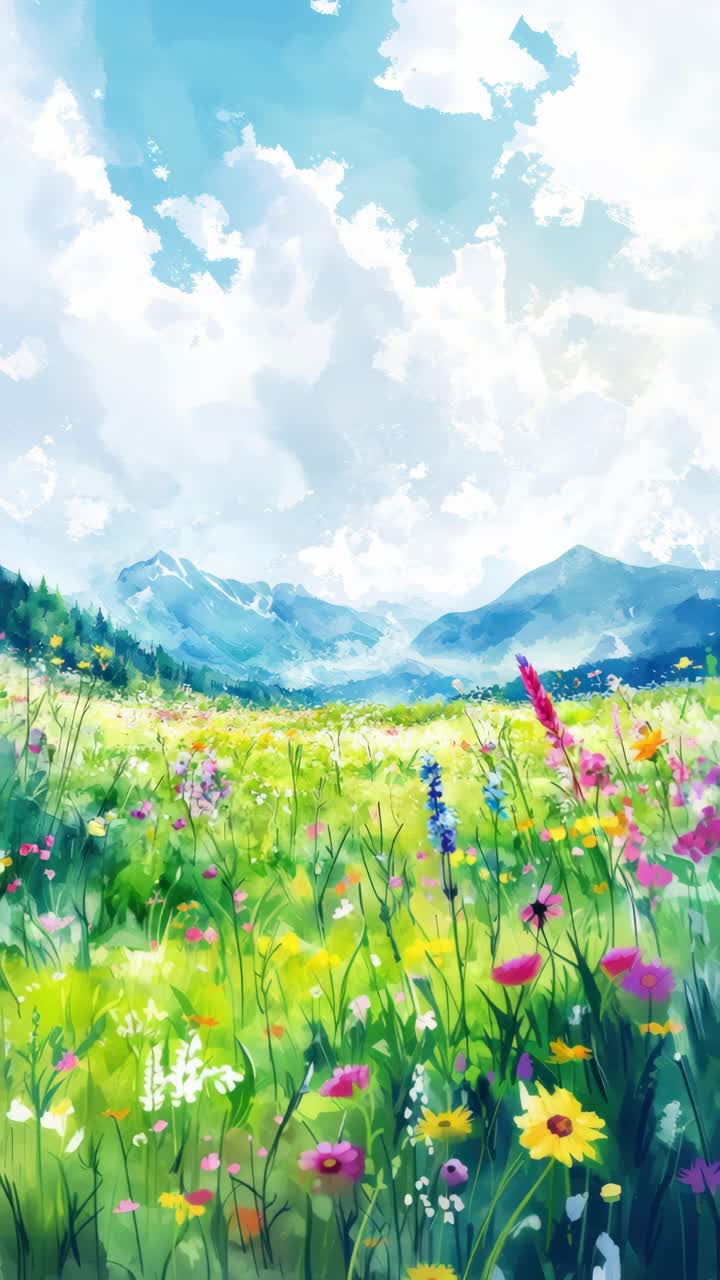 Vibrant landscape video concept with a low-angle view of a colorful wildflower meadow