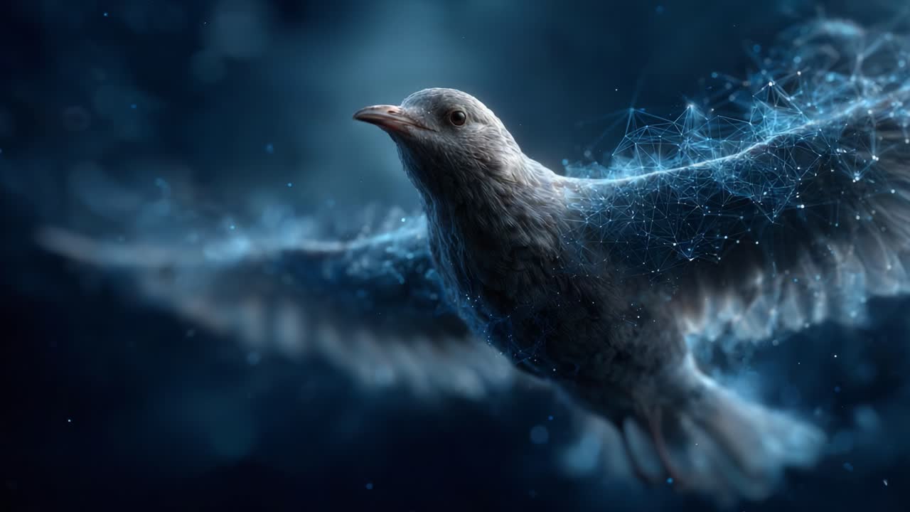 A Digital Representation of a Bird in Flight, Captured in Stunning Detail with Ethereal Lighting and Abstract Patterns of Connectivity, Symbolizing Freedom and Technology