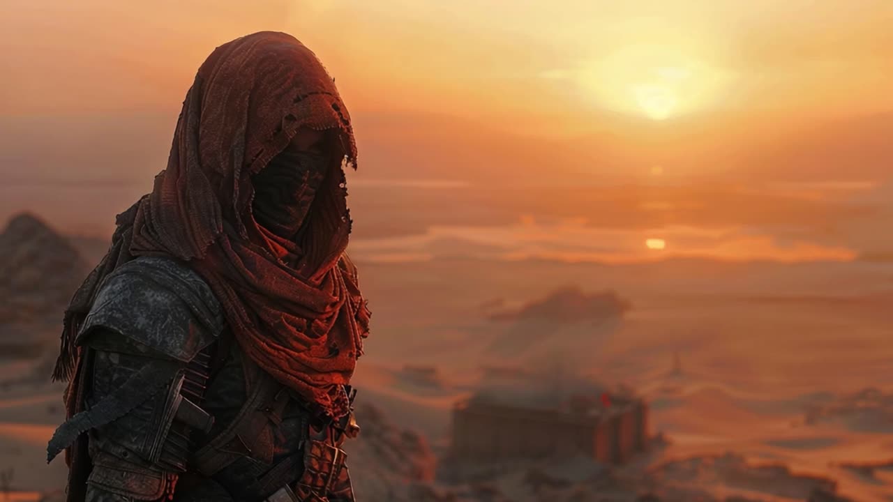 Hooded Figure in Desert Wasteland at Sunset