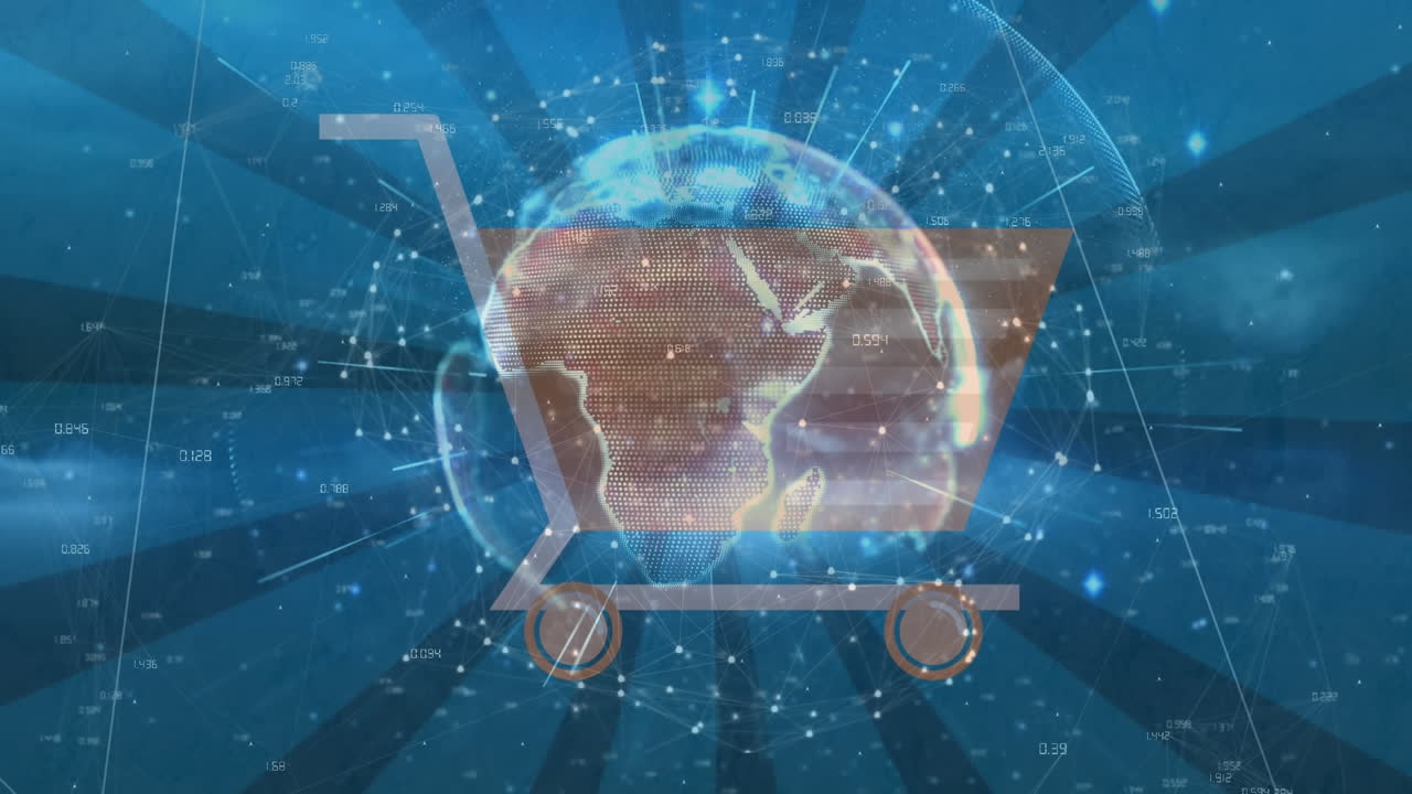 쇼핑 트롤리 위의 연결과 함께 지구의 애니메이션